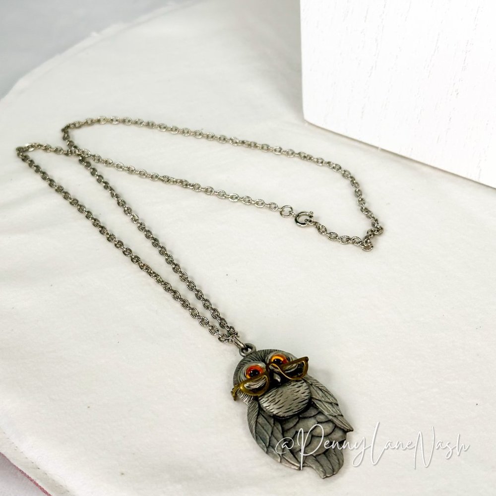 Vintage Large Owl w Glasses & Bead Eyes Pendant Necklace - Picture 5 of 5
